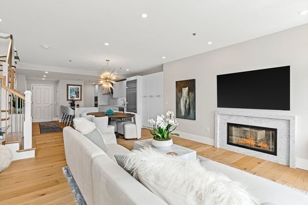 Dining room, Fireplace, Interior, Kitchen, Living room, Pendant Lights, Recessed Lighting, Wood Texture Flooring