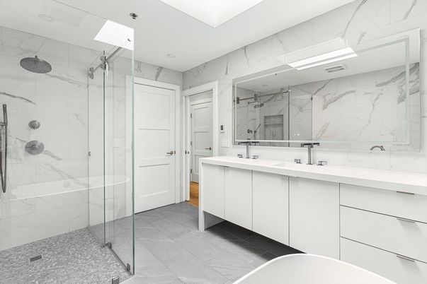 Bathroom, Dual Sink Vanities, Free Standing Baths, Glass Shower, Interior, Marble Walls, Recessed Lighting