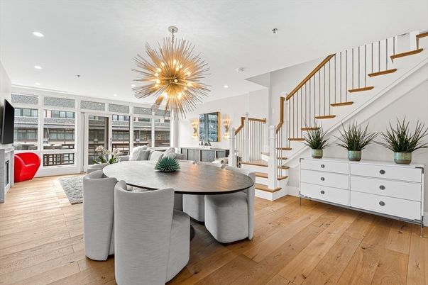 Dining room, Interior, Living room, Pendant Lights, Recessed Lighting, Wood Texture Flooring