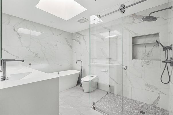 Bathroom, Dual Sink Vanities, Free Standing Baths, Glass Shower, Interior, Marble Walls