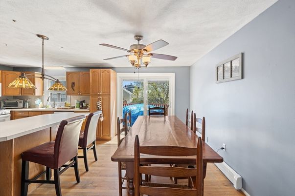 Dining room, Interior, Kitchen, Pendant Lights, Wood Texture Flooring