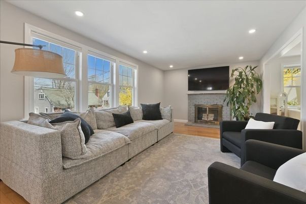 Fireplace, Interior, Living room, Recessed Lighting, Wood Texture Flooring