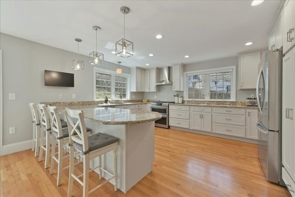 Interior, Kitchen, Pendant Lights, Recessed Lighting, Stainless Steel Appliances, Wood Texture Flooring