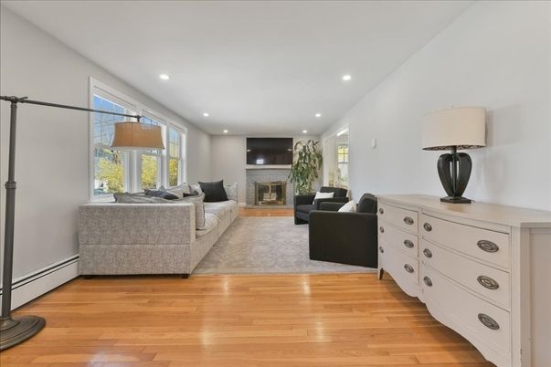 Fireplace, Interior, Living room, Recessed Lighting, Wood Texture Flooring