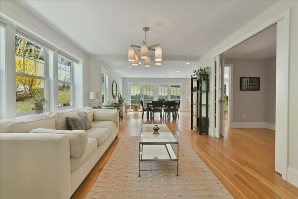 Dining room, Interior, Living room, Pendant Lights, Recessed Lighting, Wood Texture Flooring