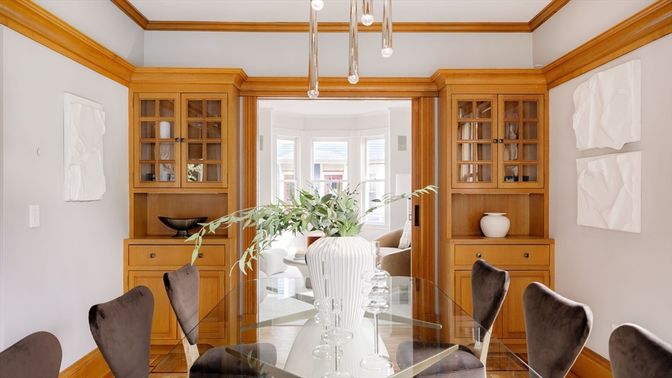 Dining room, Interior, Pendant Lights, Recessed Lighting, Wood Texture Flooring
