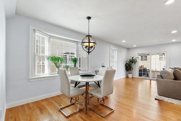 Dining room, Interior, Living room, Pendant Lights, Recessed Lighting, Wood Texture Flooring