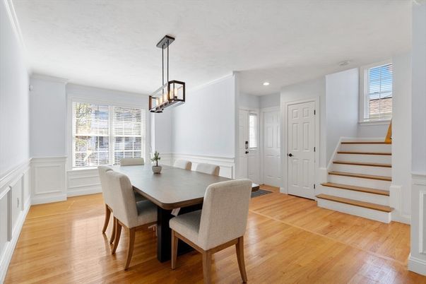 Dining room, Interior, Pendant Lights, Recessed Lighting, Wood Texture Flooring