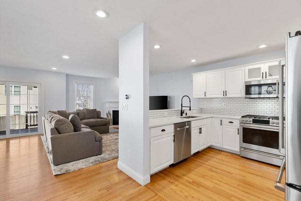 Interior, Kitchen, Living room, Recessed Lighting, Stainless Steel Appliances, Wood Texture Flooring