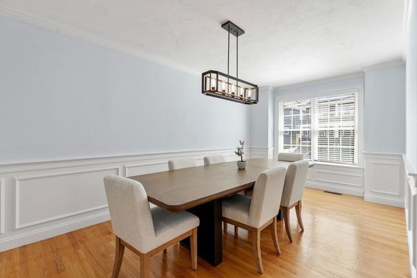 Dining room, Interior, Pendant Lights, Wood Texture Flooring