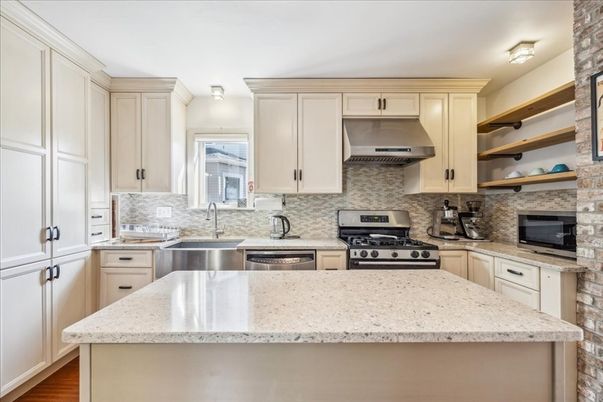 Interior, Kitchen, Stainless Steel Appliances, Stone Walls, Wood Texture Flooring