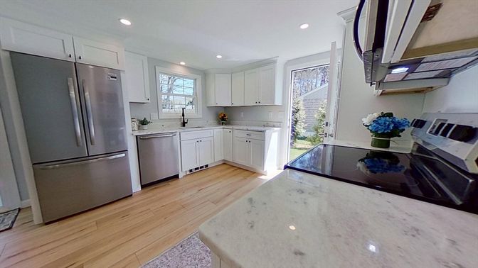 Interior, Kitchen, Recessed Lighting, Stainless Steel Appliances, Wood Texture Flooring