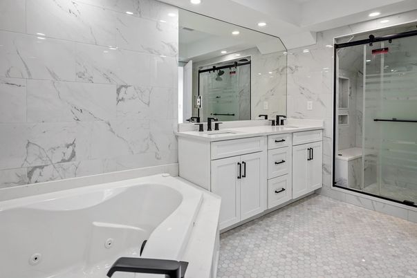 Bathroom, Dual Sink Vanities, Glass Shower, Interior, Marble Walls, Recessed Lighting