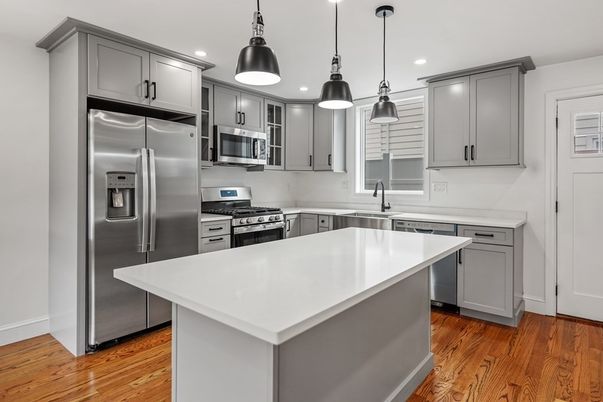 Interior, Kitchen, Pendant Lights, Recessed Lighting, Stainless Steel Appliances, Wood Texture Flooring