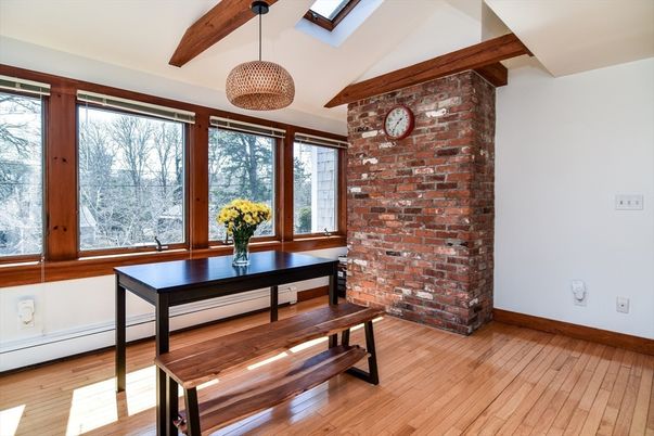 Dining room, Interior, Pendant Lights, Stone Walls, Wooden Beams, Wood Texture Flooring