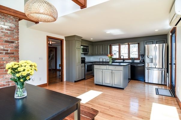 Interior, Kitchen, Recessed Lighting, Stainless Steel Appliances, Stone Walls, Wood Texture Flooring