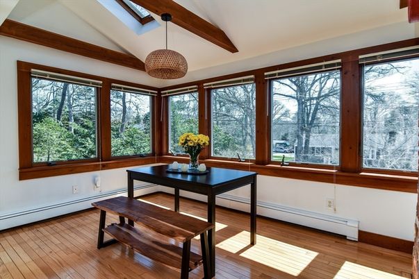 Dining room, Interior, Pendant Lights, Wooden Beams, Wood Texture Flooring