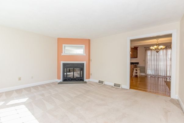 Chandelier, Empty room, Fireplace, Interior