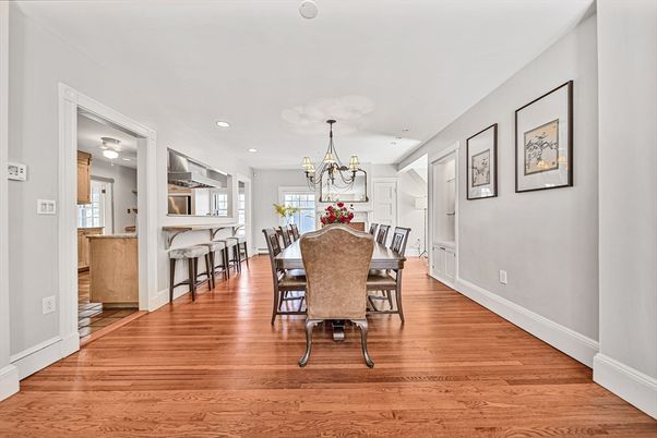 Chandelier, Dining room, Interior, Kitchen, Recessed Lighting, Wood Texture Flooring