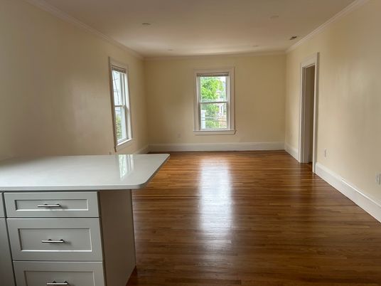 Empty room, Interior, Kitchen, Recessed Lighting, Stainless Steel Appliances, Wood Texture Flooring