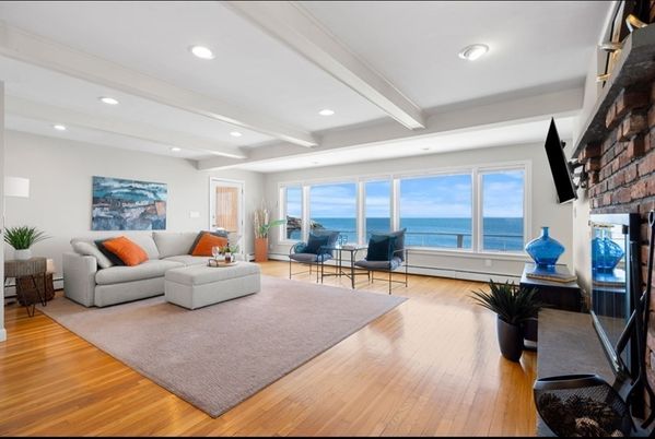 Fireplace, Interior, Living room, Recessed Lighting, Water, Wood Texture Flooring