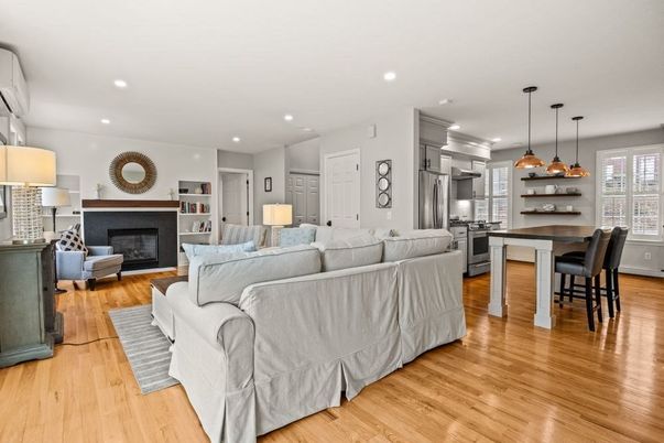 Dining room, Fireplace, Interior, Kitchen, Living room, Pendant Lights, Recessed Lighting, Stainless Steel Appliances, Wood Texture Flooring