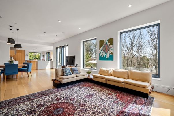 Dining room, Interior, Living room, Pendant Lights, Recessed Lighting, Wood Texture Flooring