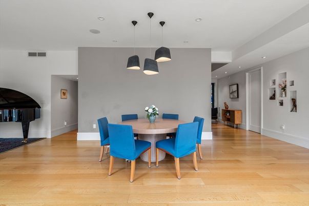 Dining room, Interior, Pendant Lights, Piano, Recessed Lighting, Wood Texture Flooring