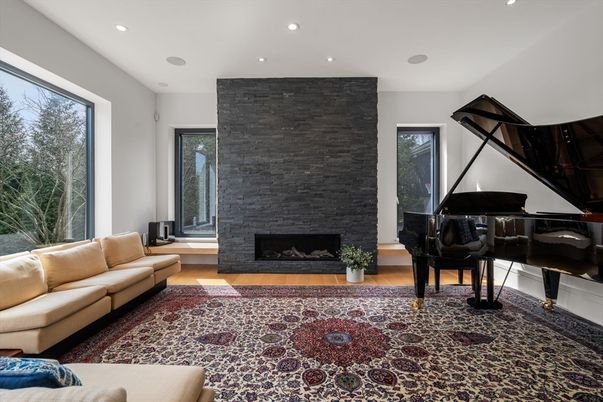 Fireplace, Interior, Living room, Piano, Recessed Lighting, Wood Texture Flooring