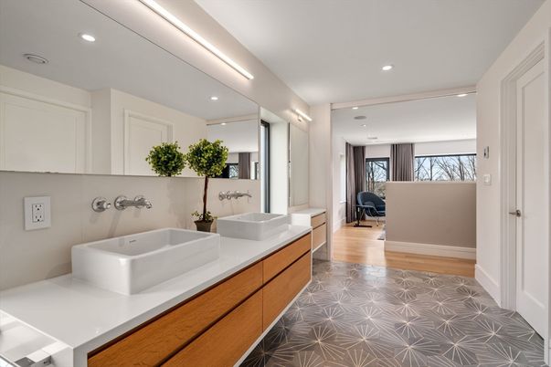 Bathroom, Dual Sink Vanities, Interior, Recessed Lighting, Wood Texture Flooring