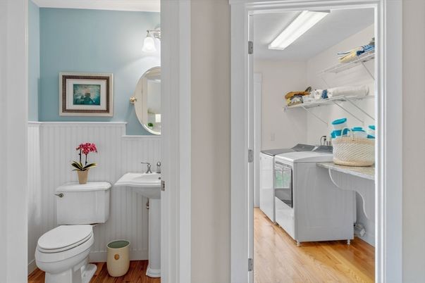 Bathroom, Interior, Washer, Wood Texture Flooring