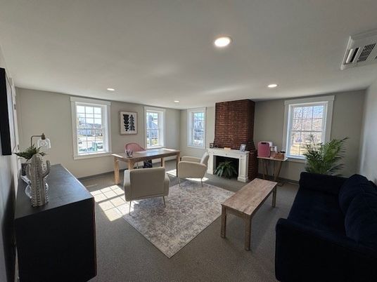 Dining room, Fireplace, Interior, Living room, Recessed Lighting, Stone Walls