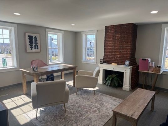 Fireplace, Home Office, Interior, Recessed Lighting, Stone Walls