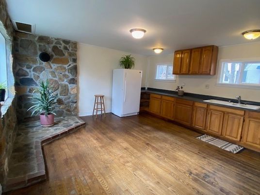 Interior, Kitchen, Stone Walls, Wood Texture Flooring