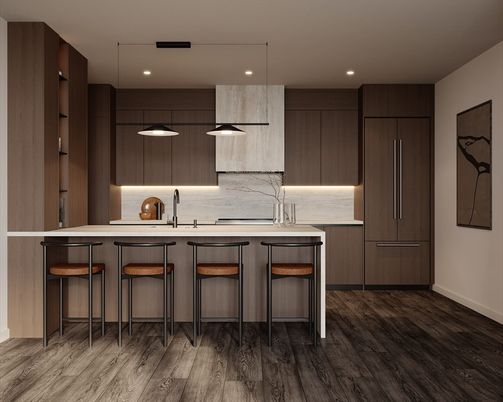 Interior, Kitchen, Pendant Lights, Recessed Lighting, Wood Texture Flooring