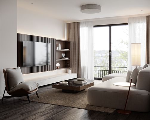 Interior, Living room, Recessed Lighting, Wood Texture Flooring