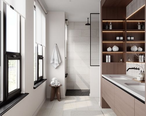Bathroom, Dual Sink Vanities, Glass Shower, Interior
