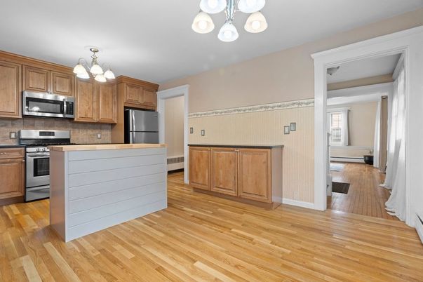 Chandelier, Interior, Kitchen, Stainless Steel Appliances, Wood Texture Flooring