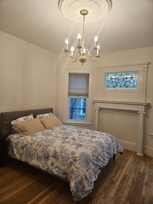 Bedroom, Chandelier, Interior, Wood Texture Flooring
