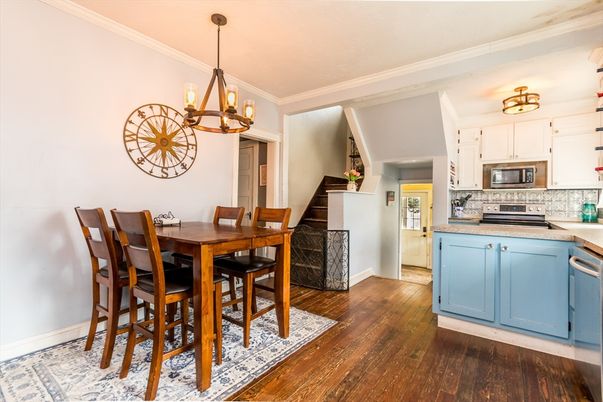 Dining room, Interior, Kitchen, Pendant Lights, Wood Texture Flooring