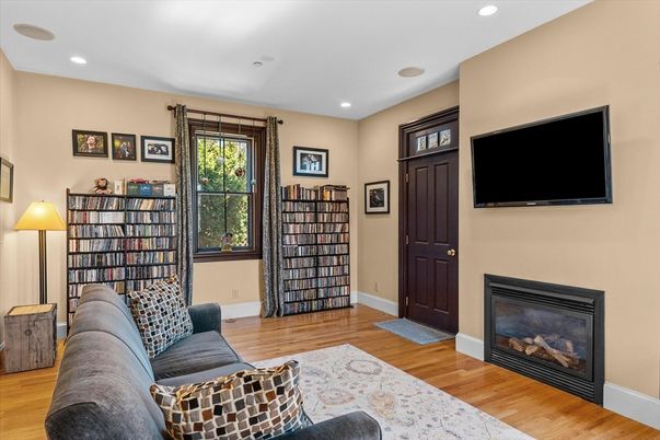 Fireplace, Interior, Living room, Recessed Lighting, Wood Texture Flooring