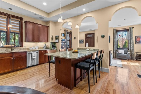 Interior, Kitchen, Pendant Lights, Recessed Lighting, Stainless Steel Appliances, Wood Texture Flooring