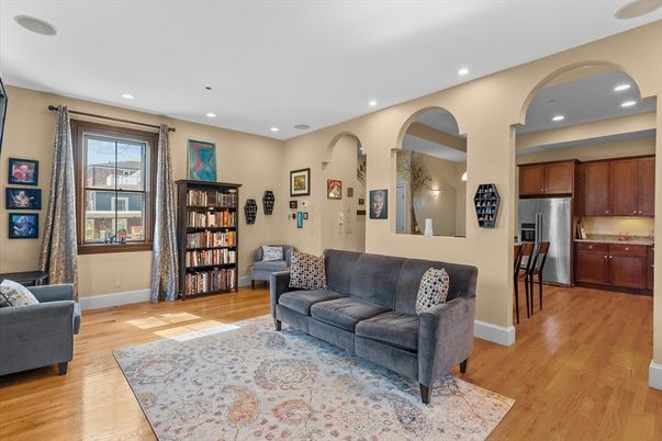 Interior, Kitchen, Living room, Recessed Lighting, Stainless Steel Appliances, Wood Texture Flooring