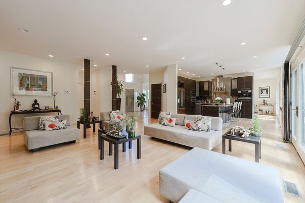 Dining room, Interior, Kitchen, Living room, Pendant Lights, Recessed Lighting, Stainless Steel Appliances, Wood Texture Flooring