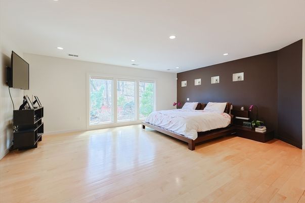 Bedroom, Interior, Recessed Lighting, Wood Texture Flooring
