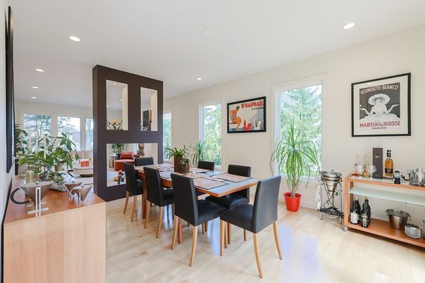 Dining room, Fireplace, Interior, Living room, Recessed Lighting, Wood Texture Flooring