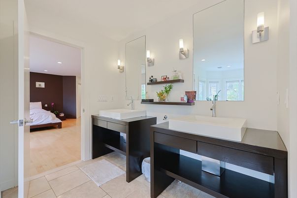 Bathroom, Bedroom, Dual Sink Vanities, Interior, Recessed Lighting, Wood Texture Flooring