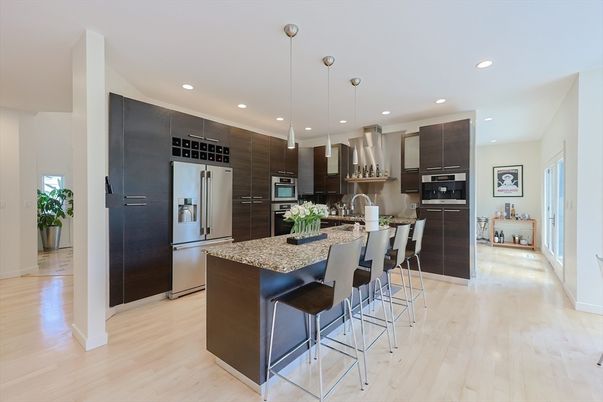 Interior, Kitchen, Pendant Lights, Recessed Lighting, Stainless Steel Appliances, Wood Texture Flooring