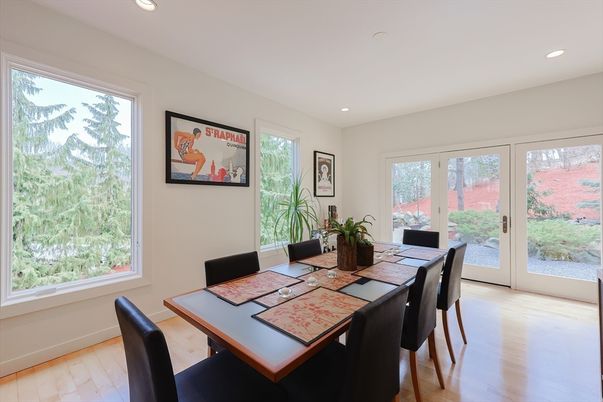 Dining room, Interior, Recessed Lighting, Wood Texture Flooring