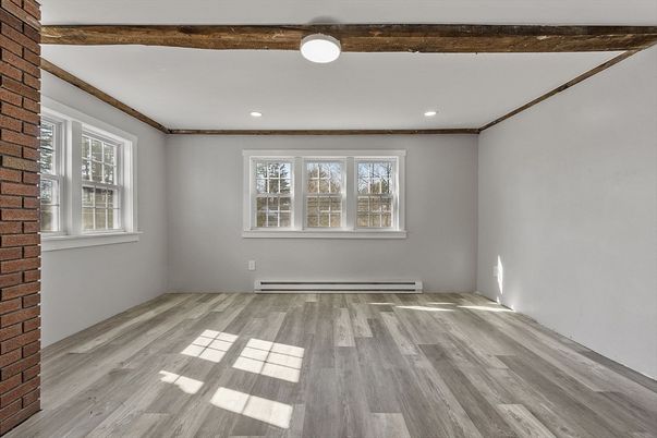 Empty room, Interior, Recessed Lighting, Stone Walls, Wood Texture Flooring